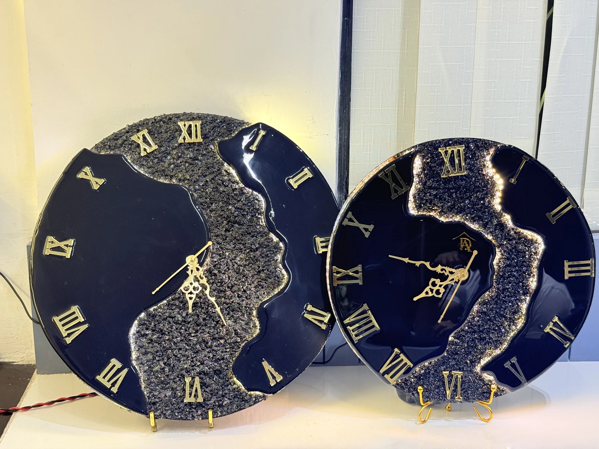 Handcrafted Deep Navy & Gold Resin Wall Clocks